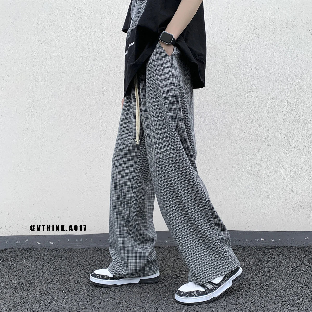 maoxiangshop Summer/Autumn Plaid Pants Men Loose Casual Straight Trousers for Male/Female Harajuku Hip-hop Streetwear Wide-leg Mopping Pants