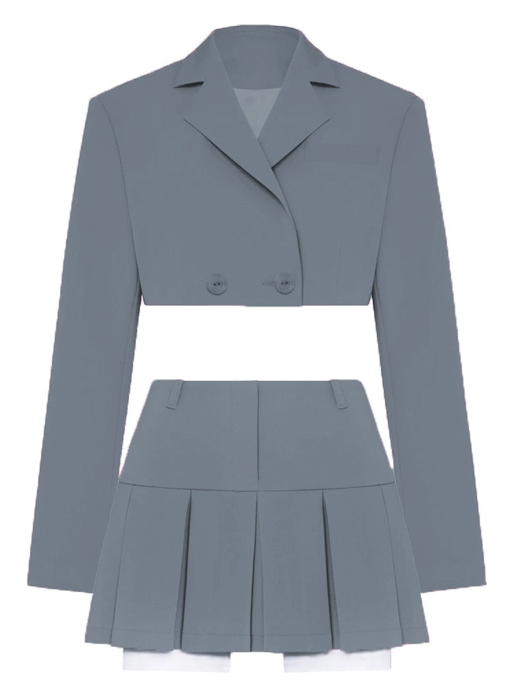 Taruxy Fall Women Blazer Suit Two Piece Sets Turn-down Collar Blazers Tops And Pleated Skirts Femme High Street Y2K Outfits