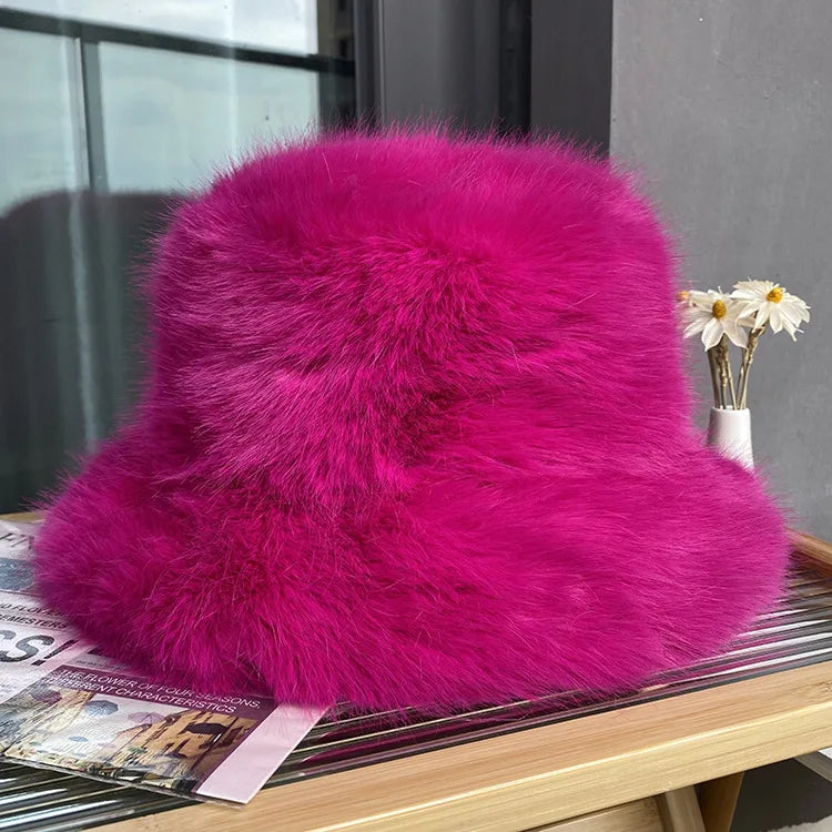 maoxiangshop y2k Fluffy Faux Fur Bucket Hat Women Rabbit Fur Warm Thick Plush Winter Hat Lady Luxury Fashion Furry Panama Fisherman Cap