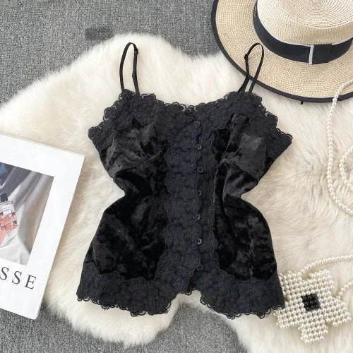 maoxiangshop Velvet V-neck Sexy Top Women Spaghetti Strap Backless Floral Lace Patchwork Female Tank Tops Autumn Chic Camisole