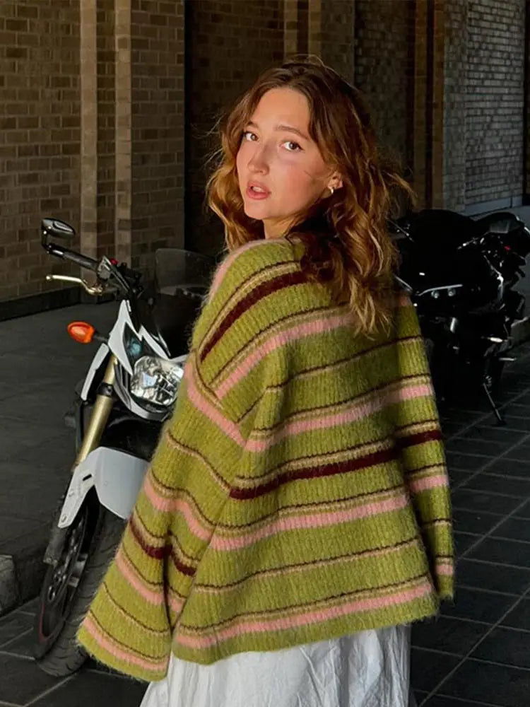 maoxiangshop - Elegant Stripe V Neck Women Sweater Single Breasted Loose Knitted Lady Cardigan 2024 Autumn Elegant Full Sleeve Female Coat