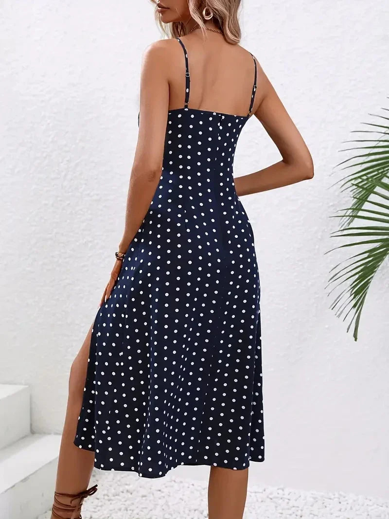 maoxiangshop 2024 Women Floral Print Spaghetti Straps Summer Boho Beach Dress Print Elegant Suspenders Square Neck Slit Dress Vestidos