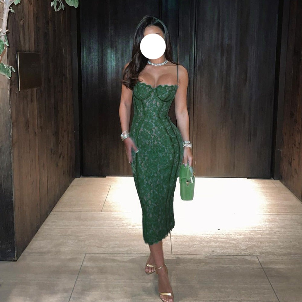 maoxiangshop Elegant Lace Spaghetti Strap Sexy Midi Dress For Women Fashion Sleeveless Backless Club Party Print Long Dress Vestido
