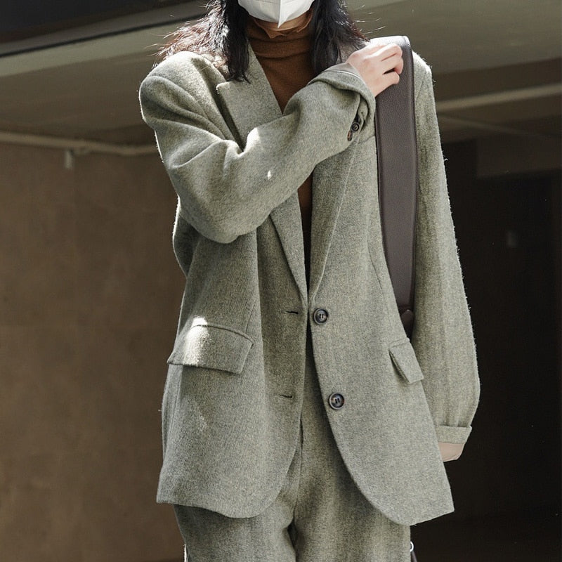 maoxiangshop Fall Winter Women's Casual Coat Solid Color Single Breasted Pocket Decorative Loose Wool Blazer Jacket