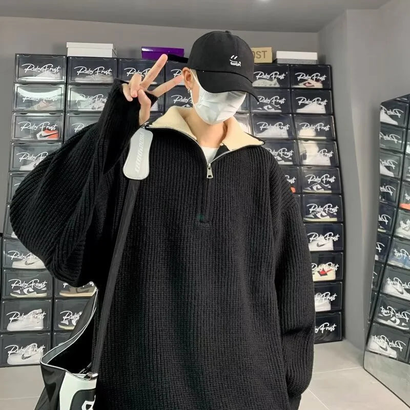 maoxiangshop FALL OUTFITS MEN Autumn Men's Half Zipper Knitted Pullover Sweater Y2K Vintage Casual Knitwear New Stand-up Collar Loose jersey hombre
