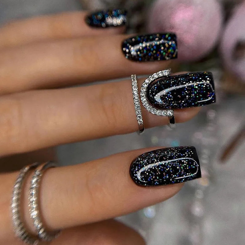 maoxiangshop 24Pcs Long Square Head False Nails with Gold Foil Design Wearable Black French Fake Nail Glitter Coffin Full Cover Press on Nail