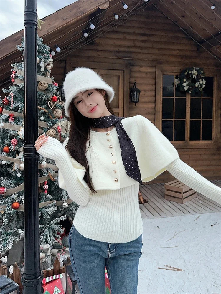 maoxiangshop - Vintage Red Poncho Sweater Women Ribbed Knitwear Two-Piece Set Pullover Korean Cutecore Long Sleeve Christmas Clothes