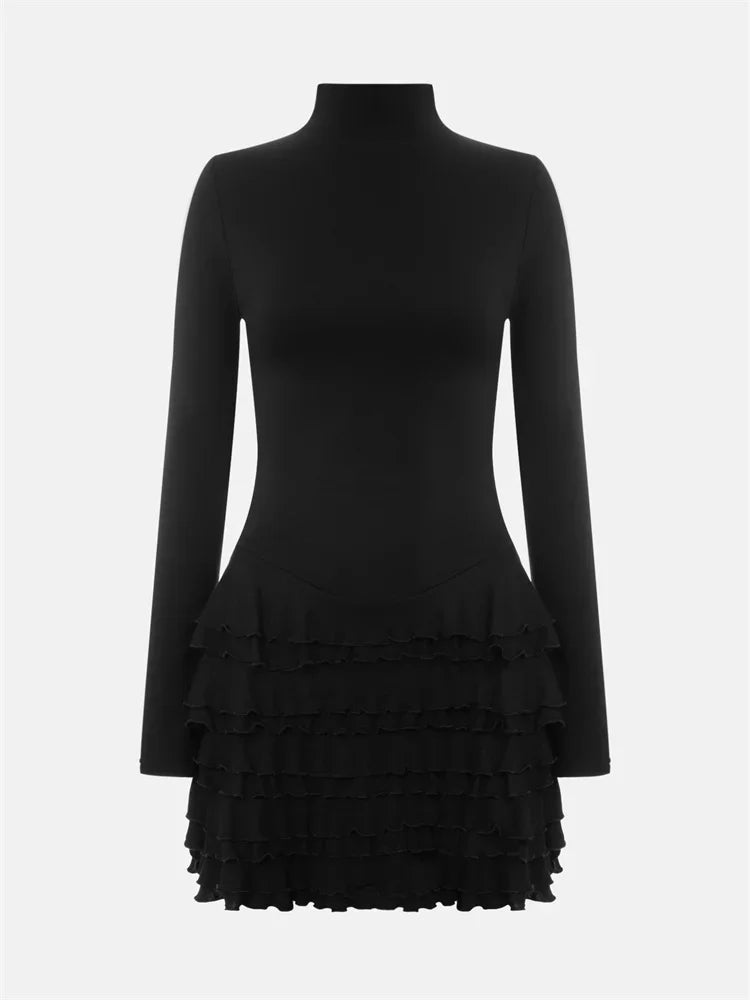 maoxiangshop - Black Ruffled Fashion MIni Dress Women's Long Sleeve Skinny Solid High Waist Patchwork Dress Female Autumn Party Dress New