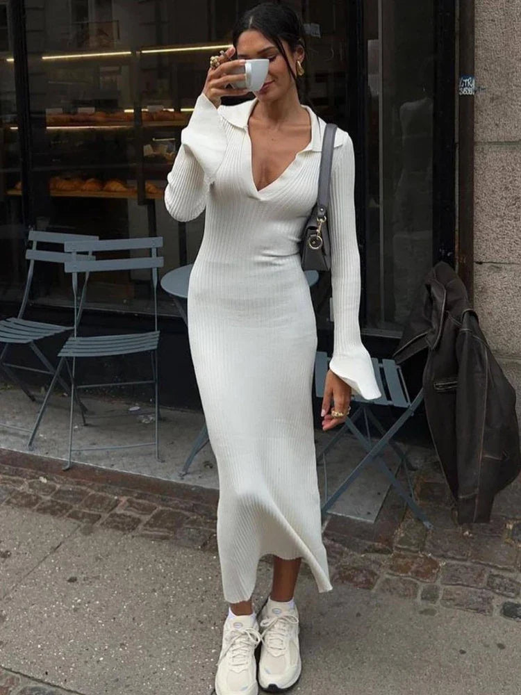 maoxiangshop - Autumn New Fashion Long Sleeve Sweater Dress Women Knitted Dress Lafy Knitted Deep V Sweater Long Black Dress Elegant Vestido