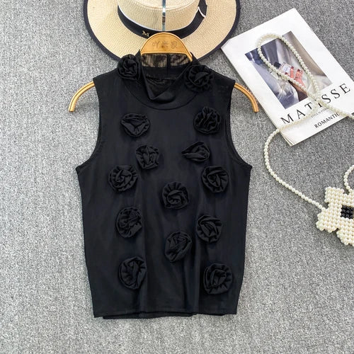 maoxiangshop American Chic Tank Top Women 3D Floral Mesh Sheer Stand Collar Sleeveless Female Crop Tops Streetwear Hot Camisole