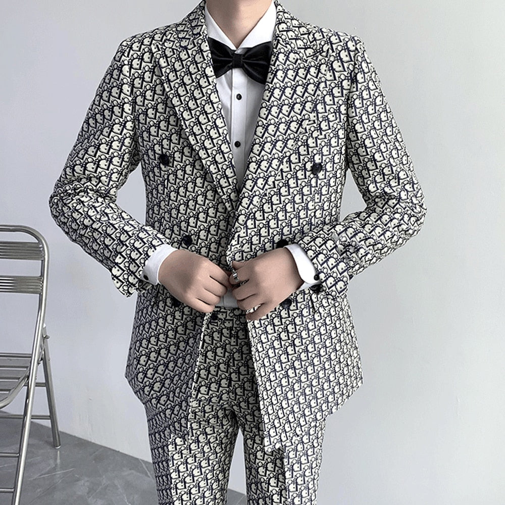 maoxiangshop Men's Suit 2 Piece Printed Jacket Pants Wedding Groom Tuxedo Formal Business Blazer Groomsmen Slim Fit Outfit