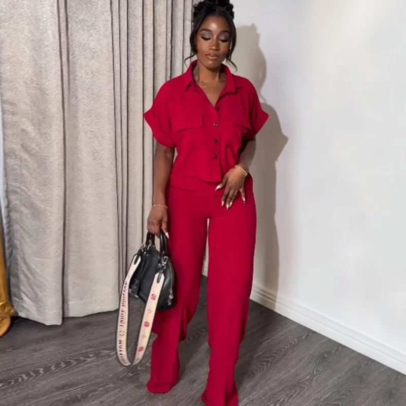 maoxiangshop Women's Two Piece Sets Spring Summer Casual Solid Turn-down Neck Short Sleeve Loose Top & Wide Leg Pants Set Streetwear Outfits