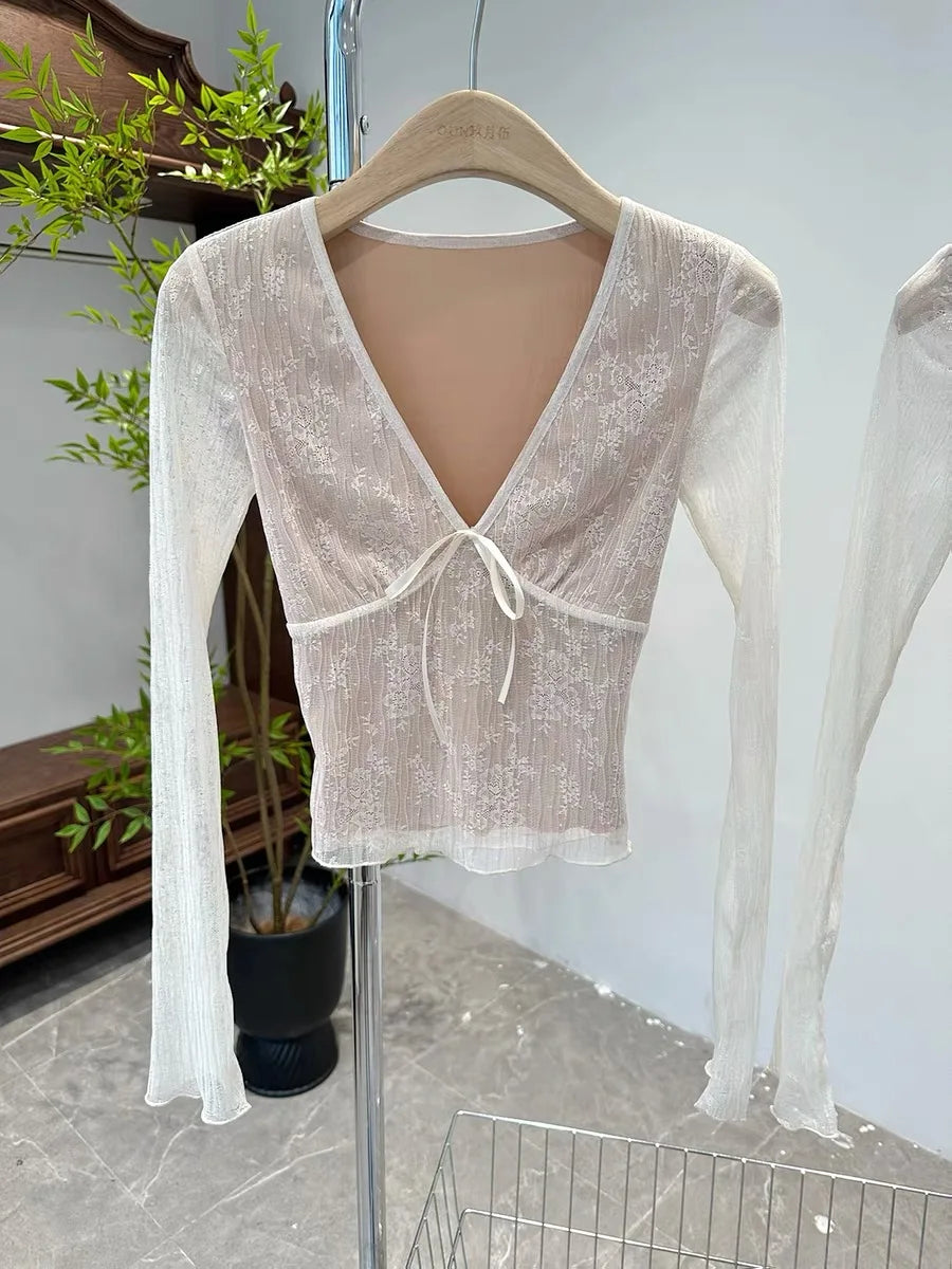 maoxiangshop Coquette Aesthetic Mesh T Shirts Women Vintage V Neck Lace Bow Cropped Tops Y2k Sexy Slim Fit Long Sleeve Tee Shirts