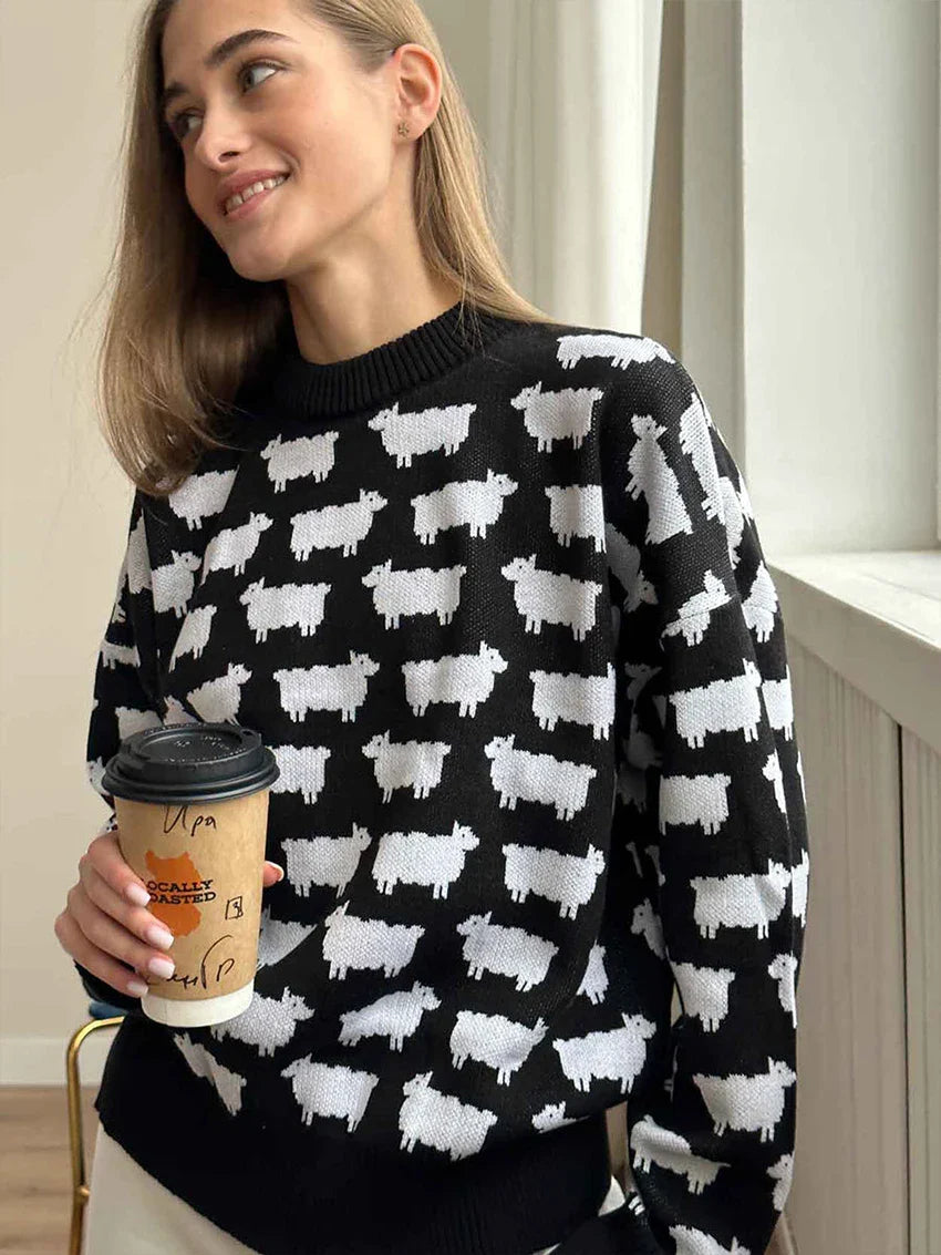 maoxiangshop - Elegant Women Sheep Printing Sweater Warm Knitted Classic O-Neck Pullover Tops Autumn Winter 2024 Streetwear Sweater