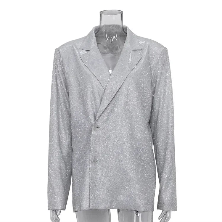 Sliver Sparkly OVersized Blazer Sets For Women Suit Ladies Casual Glitter Coat And Pants Sets Blazer Femme Mujer Party