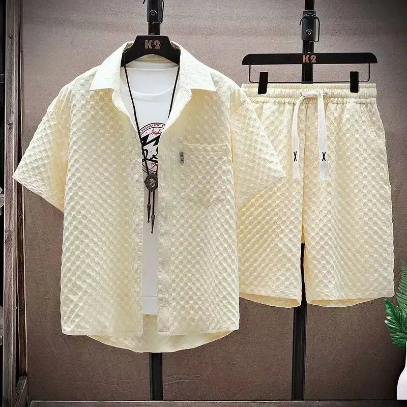 maoxiangshop Men's Set High Quality Ice Silk Plaid Short Sleeved Lapel Shirt Shorts Two-piece for Men Korean Luxury Casual Oversize Clothing