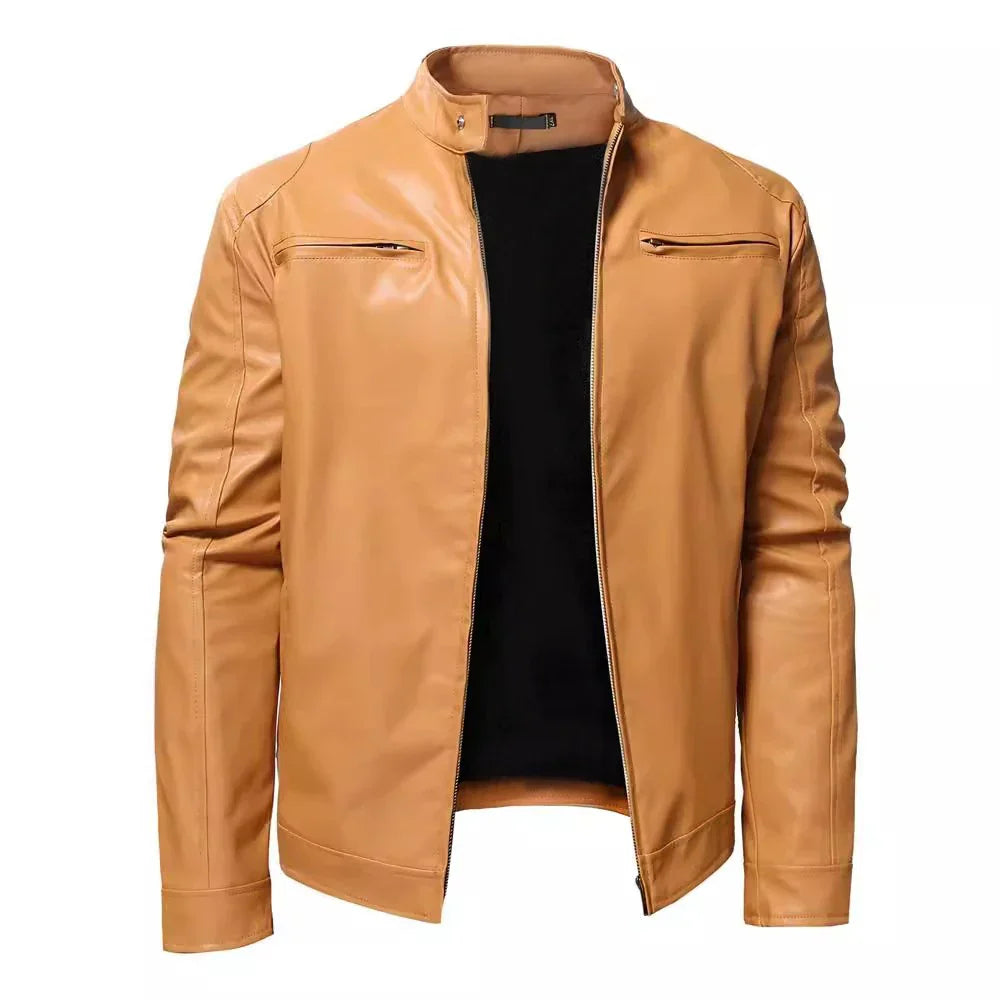maoxiangshop Autumn Mens Stand Collar Jacket Coat Black Leather Motorcycle Jacket Solid Color Zipper Streetwear Winter Warm Biker Jacket Men