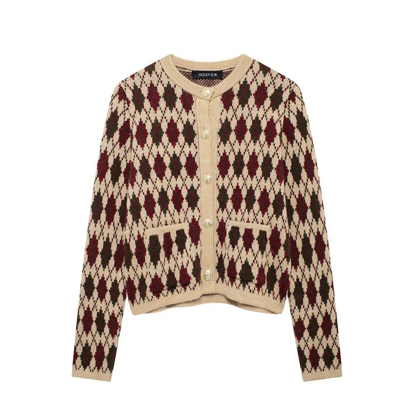 maoxiangshop - Irregular Plaid Knitted Cardigan Women Round Neck Single Breasted Long Sleeve Sweater Vintage Casual Jumper Outerwear Autumn New