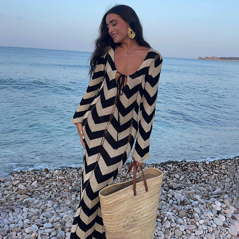 maoxiangshop - Autumn New Lace Up Hollow Sexy Beach Cover Up Dress Women's Stripled Long Sleeve Slim Elegant Knitted Maxi Dress V Neck