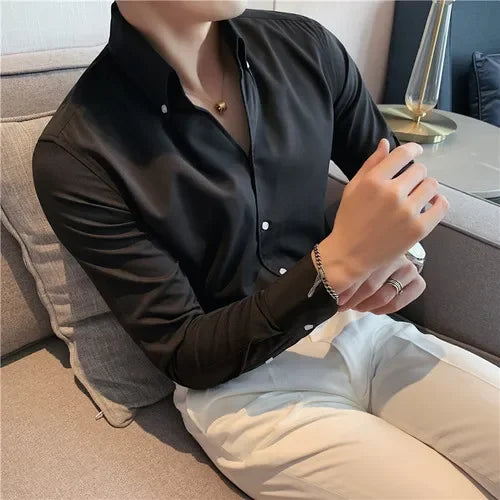 maoxiangshop Men's Italian Collar Shirt, Wrinkle-free, Casual, Fashionable, Slim-fit with A Lapel Design, Branded Clothing, Youth, New