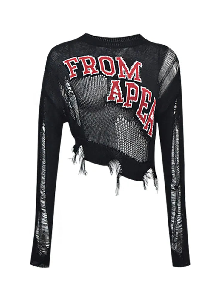 maoxiangshopWoman Fall American Vintage Knit Top Baddie Style Cropped O-neck Sweaters Long Sleeve 2000s Irregular Design Pullovers Grunge