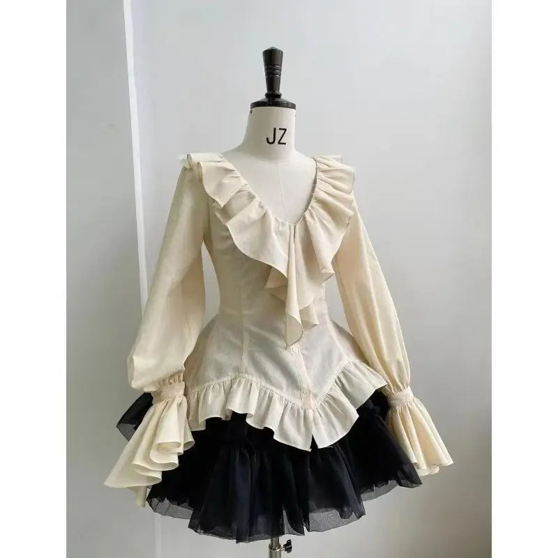 maoxiangshop - Autumn French Retro Court Style Lace up Ruffle Long Sleeve Shirt Top Black Puffy Cake Skirt Set Two Piece Sets Women Outfits