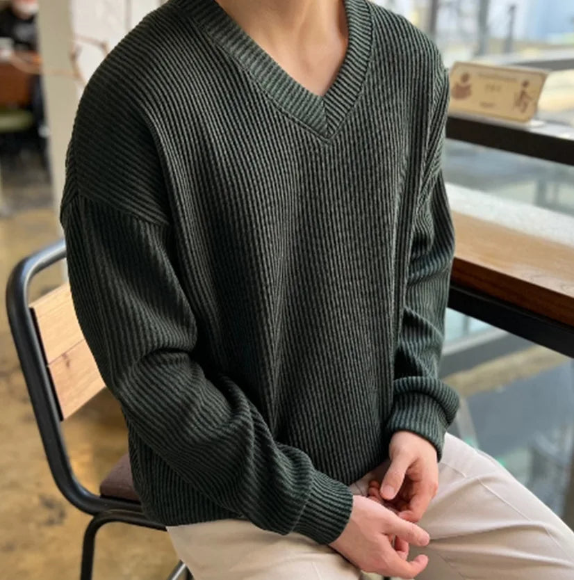 maoxiangshop Autumn/Winter Men's V-neck Pullover Sweater Korean Version Loose Solid Color Knit Leggings Over Casual Top Men's Large Size
