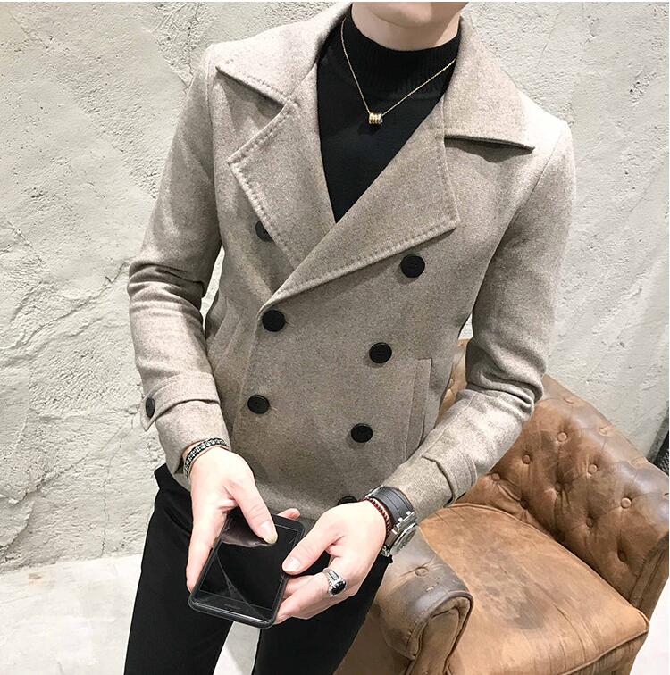 New Fashion Men Double-Breasted Windbreaker Solid Color Slim Short Woolen Coat Winter Casual Warm Windbreaker Coat Size 5XL