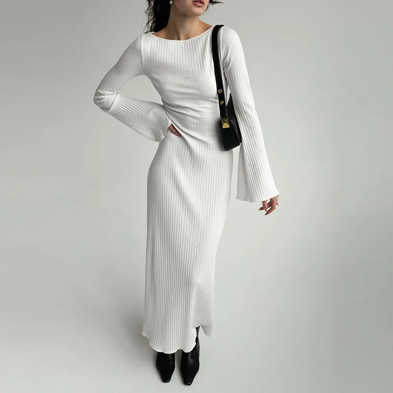 maoxiangshop - Ribbed Backless Slim Maxi Dress Female Long Sleeve High Waist Hollow Out Bandage Autumn Party Dress Women White Long Dress