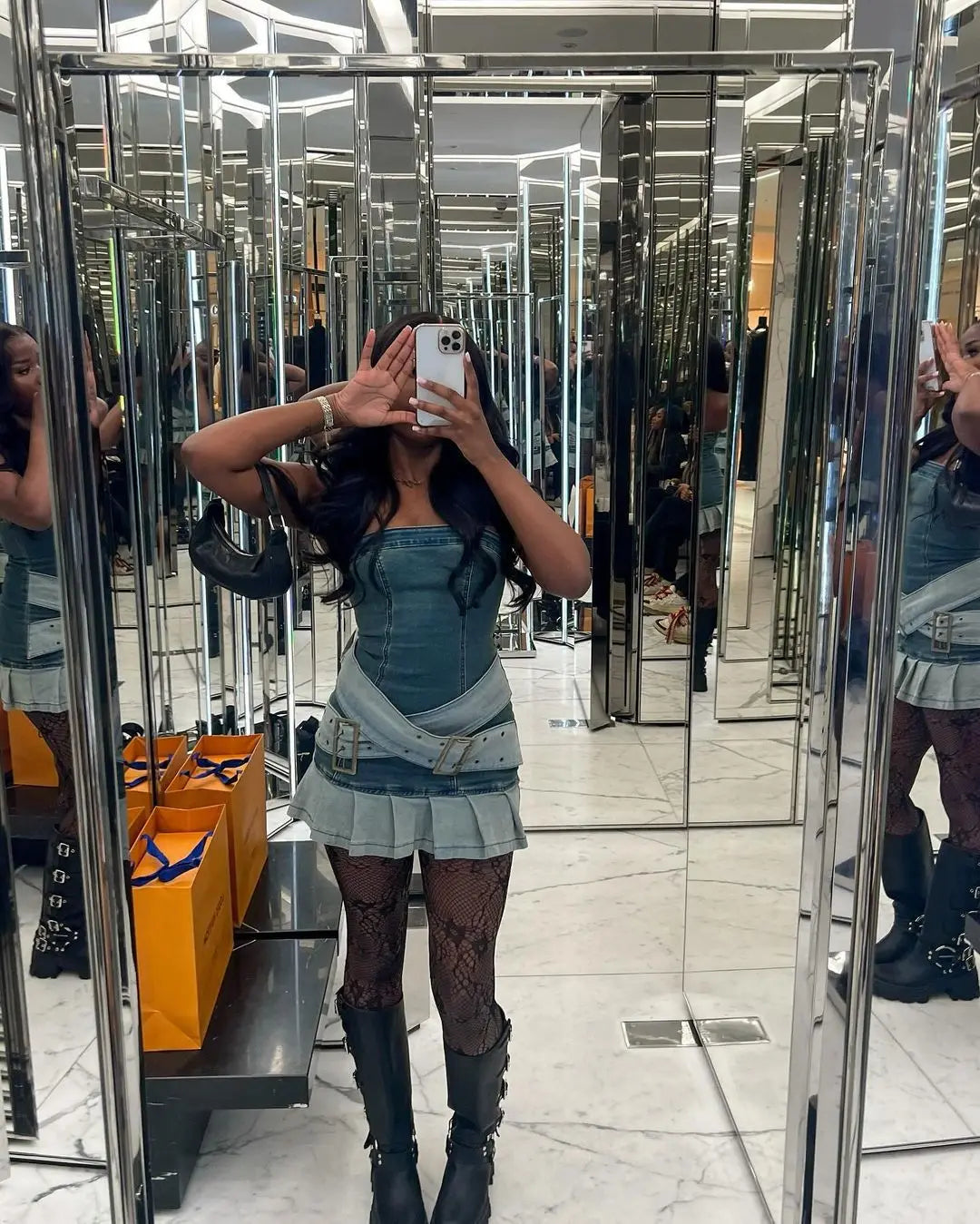 maoxiangshop - Sexy Denim Pleated Dress Y2K Streetwear Elegant Luxury Mini Dresses 2024 Women Summer Fashion Clothes Cute Jean Cargo Belt Dress