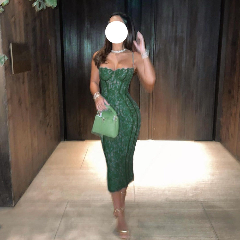 maoxiangshop Elegant Lace Spaghetti Strap Sexy Midi Dress For Women Fashion Sleeveless Backless Club Party Print Long Dress Vestido