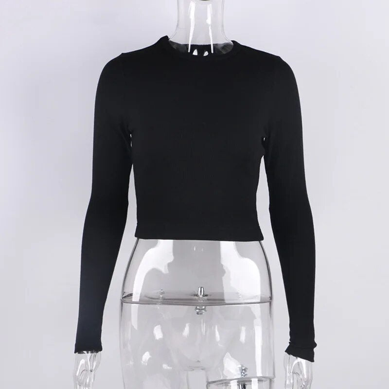 maoxiangshop O Neck Long Sleeve Shirt Women Ribbed Sexy Cropped Tops Spring Black Casual Skinny Slim Basic Woman T Shirts White