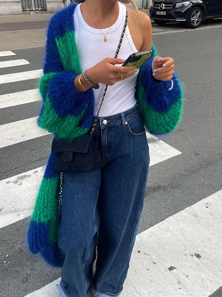 maoxiangshop - Chic Striped Knit Long Coat Women Lantern Sleeve Thicken Warm Cardigan Jacket 2024 Winter Fashion Female Street Outwears