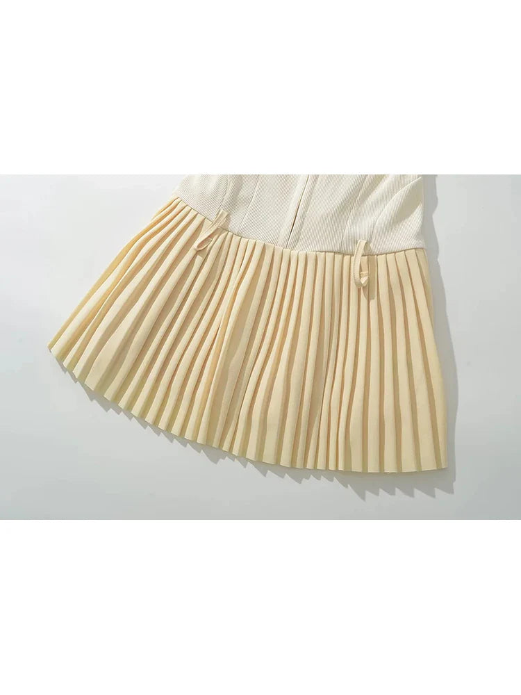 maoxiangshop - Summer Girls Cute Black Sling Waistband Short Dress Young Lady Spring New Fashion Patchwork Yellow Pleated Mini Dresses