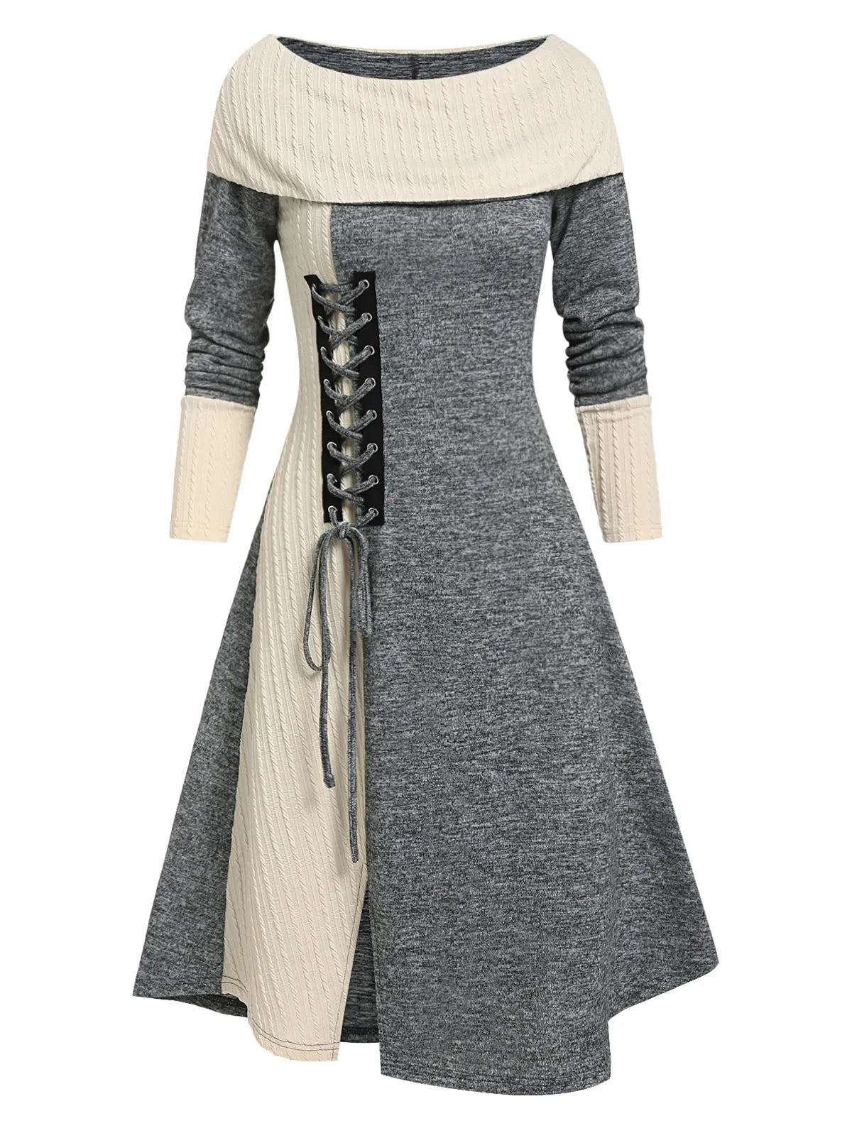 maoxiangshop Colorblock Lace Up Foldover Dress Two Tone Knitted Fashion Daily A-Line Boat Neck Long Sleeves Midi Robe For Women Fall Spring