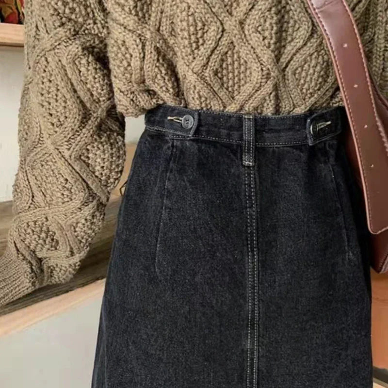 Lucyever Korean Chic Denim Midi Skirt Women 2022 Spring High Waist Simple Medium-long Skirts Vintage All-match Streetwear Skirt