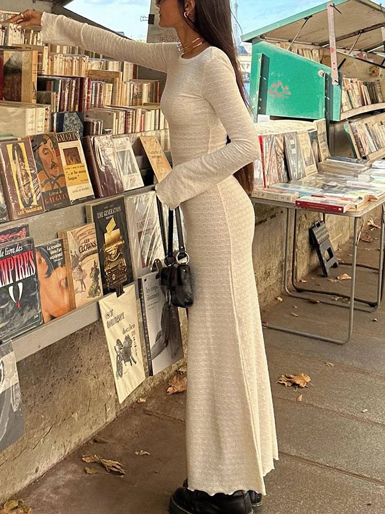 maoxiangshop - Kintted Dress Women White Bodycon Sexy Dresses Female Fashion Long Sleeve Hip Wrapping Slim Long Dresses Autumn Basic Dress