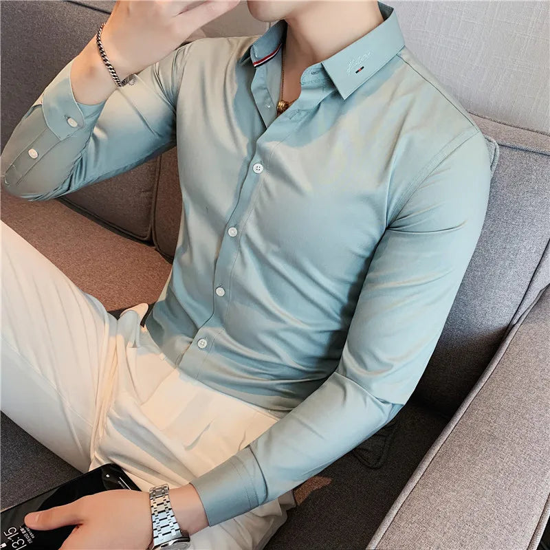 maoxiangshop British Style Men Long Sleeved Shirt Autumn Anti-wrinkle Soft Solid Casual Elastic Slim Fit Camisas Y Blusas Men Clothing