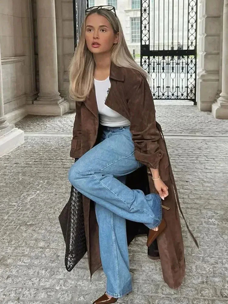 maoxiangshop - Female Retro Jacket Elegant Brown Belted Waist Long Coat Double Breasted High Street Autumn Fashion Full Sleeve Outwear