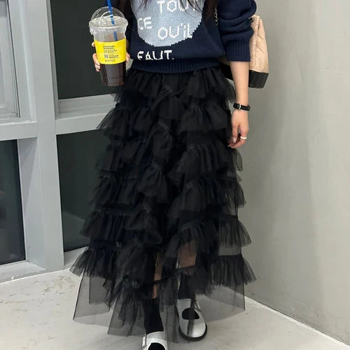 maoxiangshop - Maxi Long Tulle White Skirts for Women Gothic Patchwork Ruffles Skirt Casual Party Fairycore Summer Jupe Longue Falda Mujer