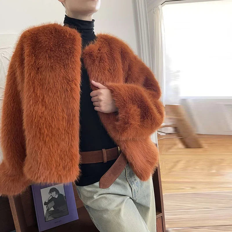 maoxiangshop - Elegant Faux Fur Women Coat Thicken Full Sleeve O Neck Lady Short Jacket 2024 Autumn Winter Warm Highstreet Female Outwear