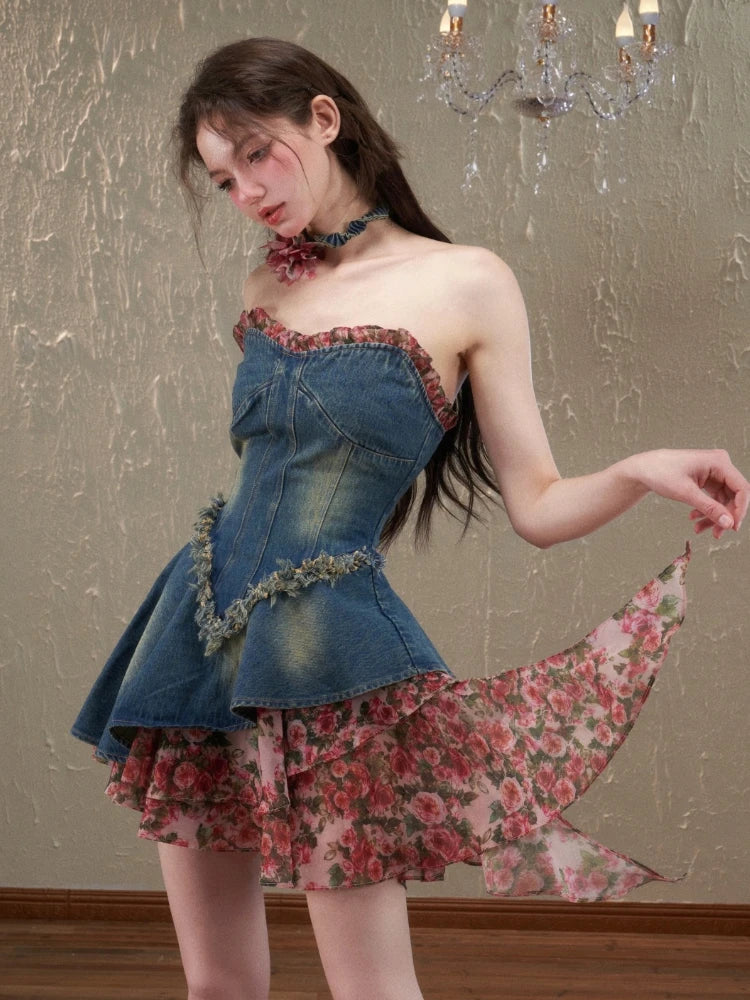 Summer Vintage Denim Dress Women Casual Patchwork Floral Party Mini Dress Female Korean Fashion Designer elegant Slim Dress