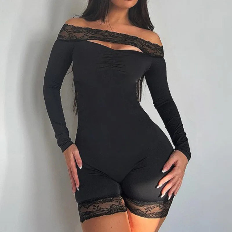 maoxiangshop - 2024 Autumn Lace Patchwork Hollow Out Skinny Playsuits Women Sexy Off Shoulder Long Sleeve Skinny Rompers Club Party Jumpsuits