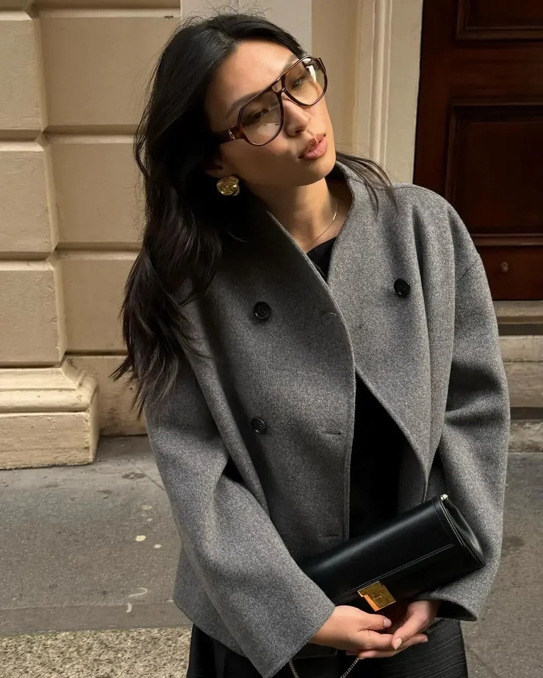 maoxiangshop - Elegant Warm Solid Woolen Cropped Coat Women Chic Stand Collar Double Breasted Long Sleeves Jacket Autumn Lady Commute Outercoat
