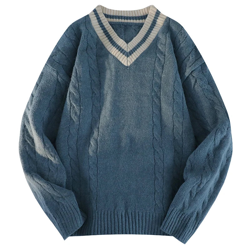 Matching V-neck Section Men's Knitted Sweater Ribbed Hem Fashion Splicing Pullover Korean Loose Autumn Knit Sweater