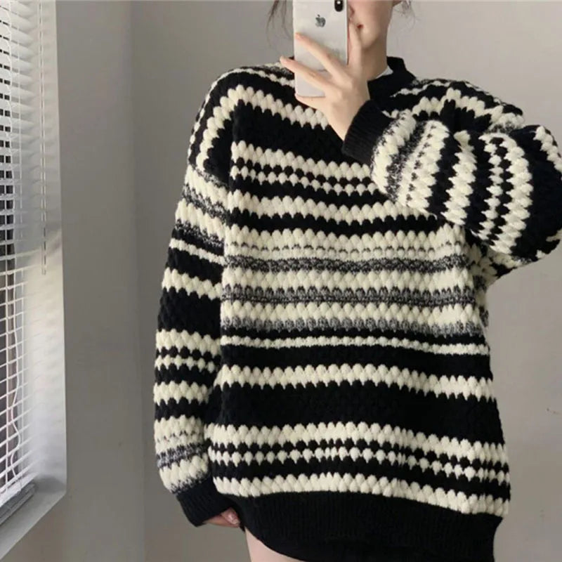 maoxiangshop Autumn Oversized Striped Knitted Sweater Women Vintage Streetwear Loose Long Sleeve Pullover Harajuku Casual O Neck Midi Jumper
