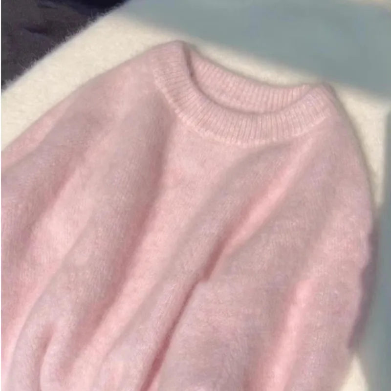 maoxiangshop - Pink Soft Knitted Sweater Women 2024 Autumn Winter New Loose Long Sleeved Top Solid Color Simple O Neck Pullover Coat Knitwear