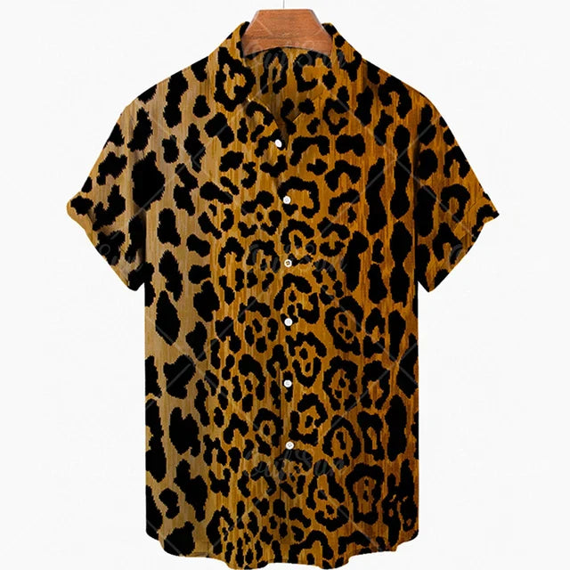 maoxiangshop Short Sleeve Leopard Men's Shirts For Man Clothing Hawaiian Fashion 3D Print Thin Lapel Floral Casual Oversized Imported Camisa