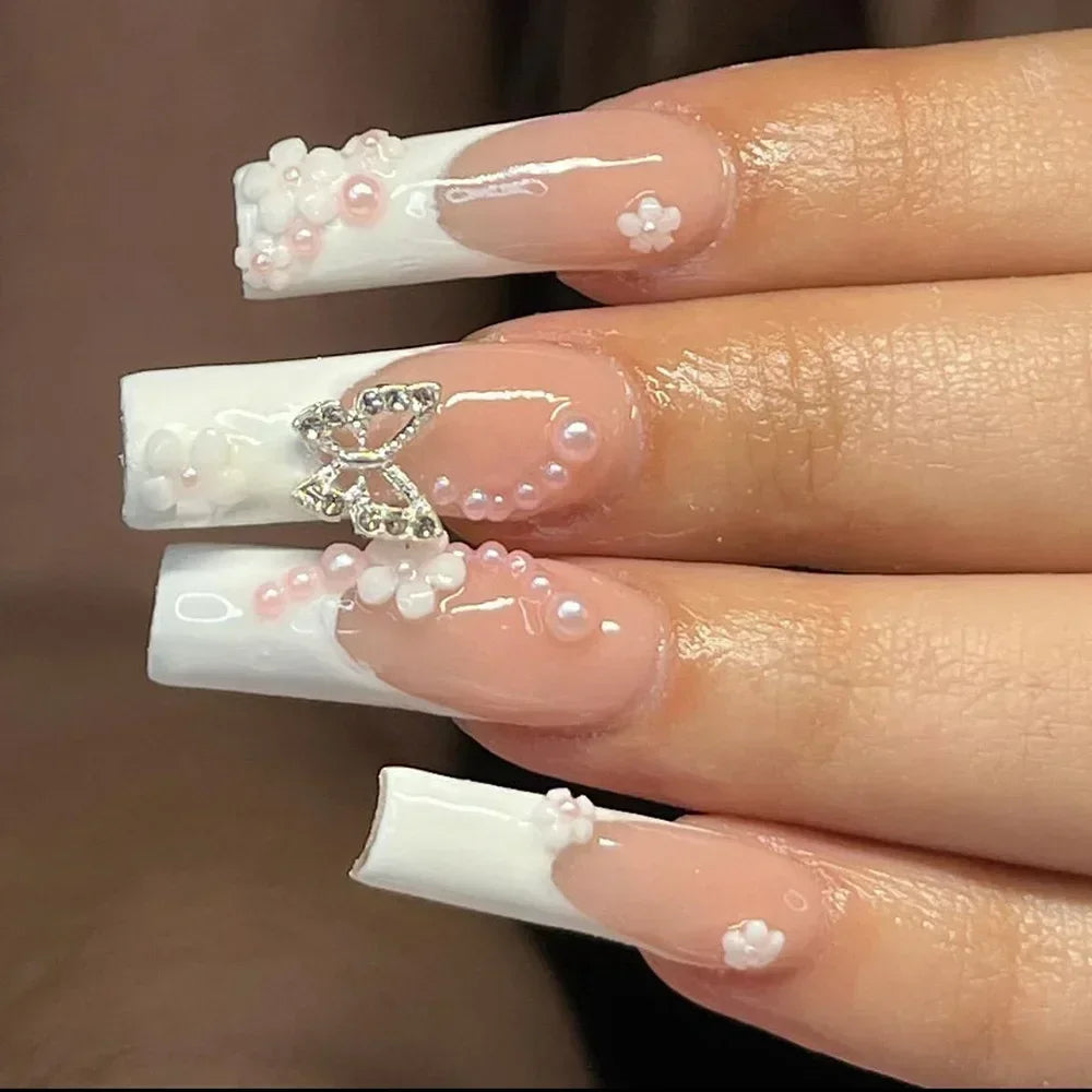 maoxiangshop 24Pcs Coffin False Nails Purple Butterfly Designs Fake Nails with Shiny Rhinestone Wearable French Full Cover Press on Nails