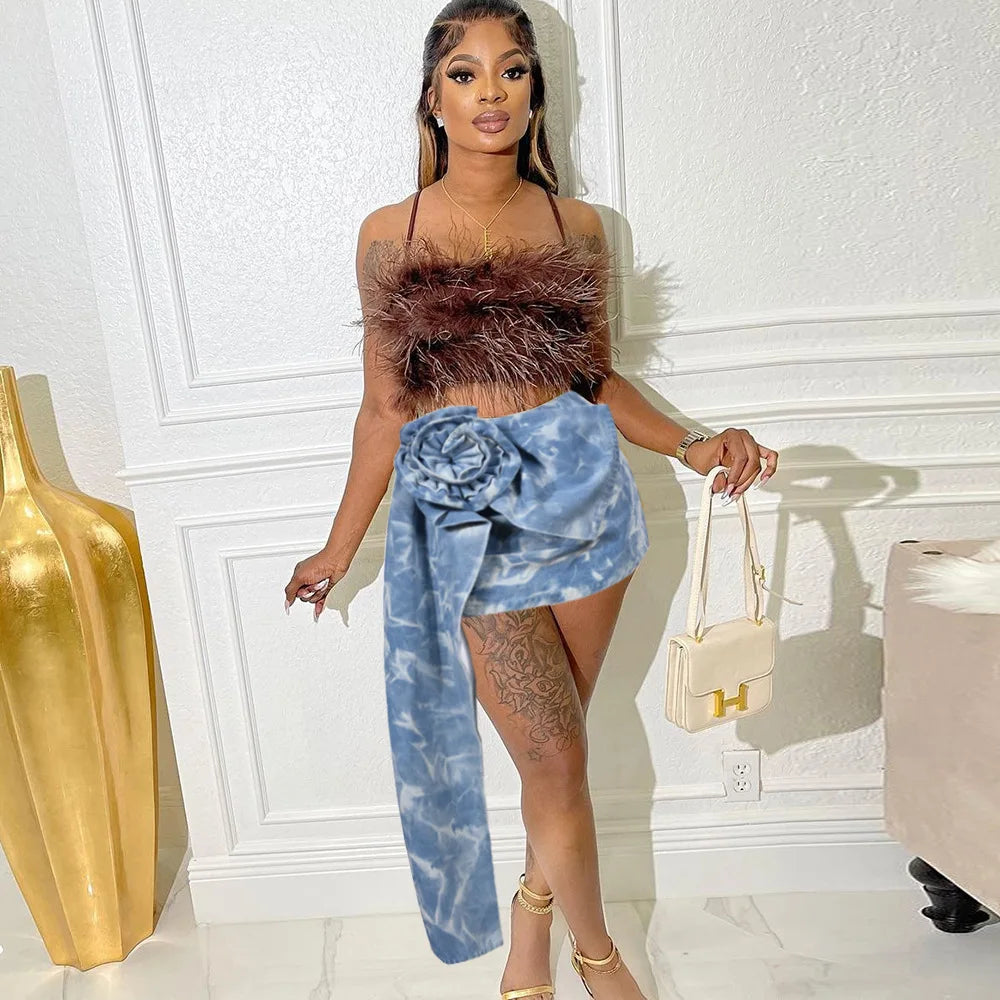 maoxiangshop - Tie Flower Denim Skirt Jean Mini Dress Sexy Y2K Streetwear 2023 Women Winter Fall Fashion Cargo Dress High Waist Tie Dye Skirts